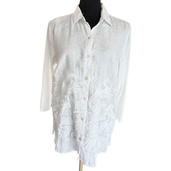 New J. Jill White Floral Embroidered Linen Button Front Long Sleeve Shirt Small - Picture 3 of 10